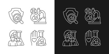 Klinik araştırma tesisi lineer simgeleri karanlık ve aydınlık moduna ayarlandı. Başarısız proje. Gönüllü insan. Özelleştirilebilir ince çizgi sembolleri. İzole vektör çizimi çizimleri. Düzenlenebilir vuruş