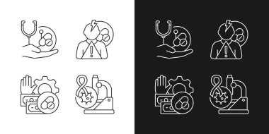 Karanlık ve aydınlık moduna ayarlanmış uyuşturucu etkisi çalışmaları doğrusal simgeler. Tedaviyi geliştiriyorum. Yan etkiler riski. Özelleştirilebilir ince çizgi sembolleri. İzole vektör çizimi çizimleri. Düzenlenebilir vuruş