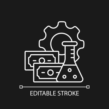 Koyu renk tema için beyaz doğrusal ikona uyuşturucu geliştirme yatırımı. Klinik deneyleri finanse ediyorum. İnce çizgi özelleştirilebilir illüstrasyon. Gece modu için izole vektör kontur sembolü. Düzenlenebilir vuruş