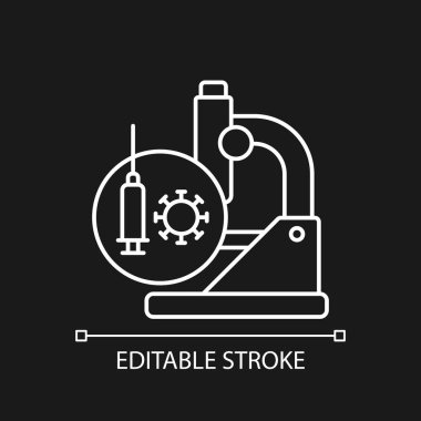 Aşılar için beyaz doğrusal simge test ediliyor. Laboratuvar araştırması. Güvenli aşılar üretiyor. İnce çizgi özelleştirilebilir illüstrasyon. Gece modu için izole vektör kontur sembolü. Düzenlenebilir vuruş
