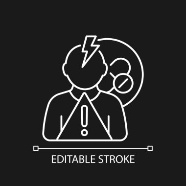 Yan etkiler koyu renk tema için beyaz doğrusal simge riski taşıyor. Deneysel ilaç reaksiyonları. Tedavileri test ediyorum. İnce çizgi özelleştirilebilir illüstrasyon. Gece modu için izole vektör kontur sembolü. Düzenlenebilir vuruş