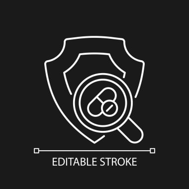 Yeni ilaçların güvenliğini kontrol ediyorum. Beyaz doğrusal simge, koyu renk tema için. İlaç tepkisi değerlendirmesi. İnce çizgi özelleştirilebilir illüstrasyon. Gece modu için izole vektör kontur sembolü. Düzenlenebilir vuruş