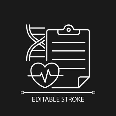 Koyu tema için beyaz doğrusal simge ölçülüyor. Klinik deney sonuçları. Araştırma etkinliği. İnce çizgi özelleştirilebilir illüstrasyon. Gece modu için izole vektör kontur sembolü. Düzenlenebilir vuruş