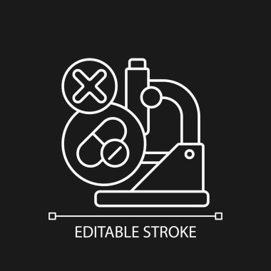 Karanlık tema için başarısız bir araştırma beyaz doğrusal simgesi. Klinik deneyde gerileme. Etkinlik eksikliği. İnce çizgi özelleştirilebilir illüstrasyon. Gece modu için izole vektör kontur sembolü. Düzenlenebilir vuruş