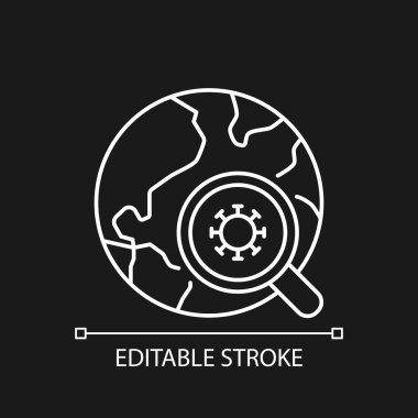 Epidemiyolojik deneyler koyu renk tema için beyaz doğrusal simge. Salgın araştırması. İnce çizgi özelleştirilebilir illüstrasyon. Gece modu için izole vektör kontur sembolü. Düzenlenebilir vuruş