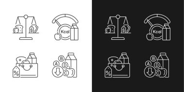 Yetersiz yiyecek tüketimi doğrusal simgeleri karanlık ve aydınlık moduna ayarlandı. Market ürünleri satışı. Yemek adaleti. Özelleştirilebilir ince çizgi sembolleri. İzole vektör çizimi çizimleri. Düzenlenebilir vuruş