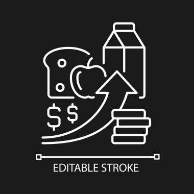 Karanlık tema için gıda fiyatlarının yükseltilmesi doğrusal simge. Ekonomik bir sorun. Market alışverişi. İnce çizgi özelleştirilebilir illüstrasyon. Gece modu için izole vektör kontur sembolü. Düzenlenebilir vuruş