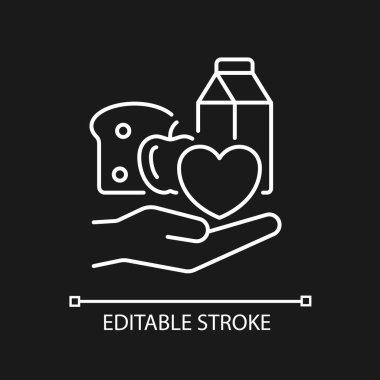 Karanlık tema için gıda bağışı lineer simgesi. Yardım kuruluşları. Ürün tüketimi eksikliği. İnce çizgi özelleştirilebilir illüstrasyon. Gece modu için izole vektör kontur sembolü. Düzenlenebilir vuruş
