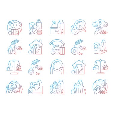 Açlık ve yiyecek güvenliği gradyan doğrusal vektör simgeleri ayarlandı. Yoksulluk ve açlık. Gıda adaleti gönüllü örgütleri. İnce çizgili sembol demetleri. İzole edilmiş taslak illüstrasyon koleksiyonu