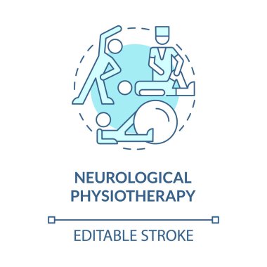 Nöro kas-iskelet fizyoterapi mavi konsept ikonu. Fiziksel rehabilitasyon. Terapist tedavi fikri soyut ince çizgi çizimi. Vektör izole edilmiş dış hat renk çizimi. Düzenlenebilir vuruş