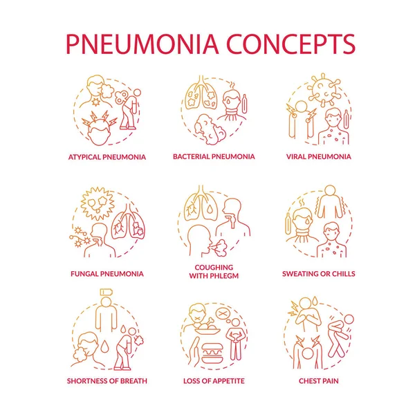 Ikon Konsep Gradien Merah Pneumonia Ditetapkan Gagasan Peradangan Pulmoner Warna - Stok Vektor