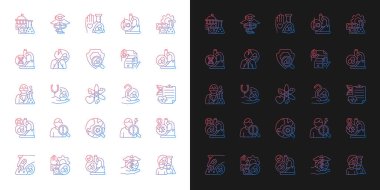 Klinik denemeler için karanlık ve aydınlık moduna göre ayarlanmış gradyan simgeleri. Deneysel tıp araştırması. İnce çizgili sembol demetleri. Siyah ve beyaz üzerine izole vektör ana hatları koleksiyonu