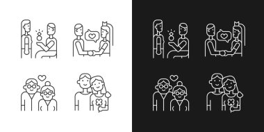 Romantik ilişki simgelerinin aşamaları karanlık ve aydınlık mod için ayarlandı. Evlilik yemini. Aşık yaşlı bir çift. Özelleştirilebilir ince çizgi sembolleri. İzole vektör çizimi çizimleri. Düzenlenebilir vuruş