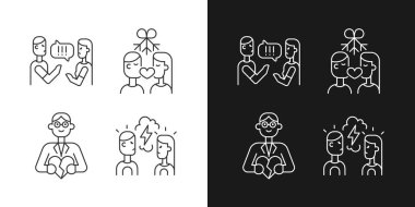 İlişki simgeleriyle savaşmak karanlık ve aydınlık moduna ayarlanır. Sağlıklı romantik ilişki. Aile danışmanı. Özelleştirilebilir ince çizgi sembolleri. İzole vektör çizimi çizimleri. Düzenlenebilir vuruş