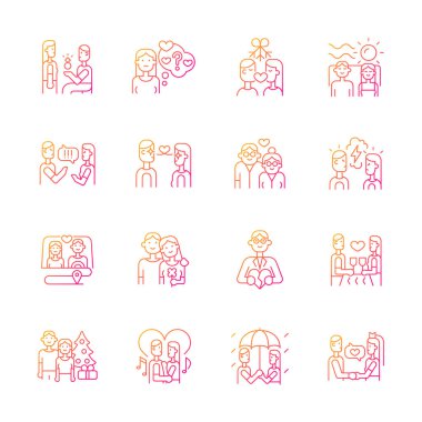 Romantik gradyan doğrusal vektör simgeleri ayarlandı. Romantik aşk. Ortaklar vakit geçiriyor. Birkaç kaliteli zaman. Mutlu bir ilişki. İnce çizgili sembol demetleri. İzole edilmiş taslak illüstrasyon koleksiyonu