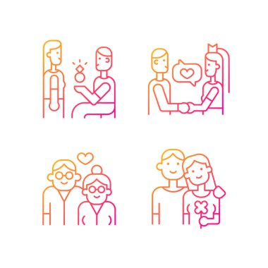 Romantik ilişki gradyan doğrusal vektör simgelerinin aşamaları belirlendi. Erkek kadına evlenme teklif ediyor. Evlilik yemini. Yaşlı aşıklar. İnce çizgili sembol demetleri. İzole edilmiş taslak illüstrasyon koleksiyonu
