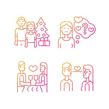 Aşık çift doğrusal vektör simgeleri ayarlandı. İlk görüşte aşk. Tatilleri geçirmek. İlişkinin şüpheli aşaması. İnce çizgili sembol demetleri. İzole edilmiş taslak illüstrasyon koleksiyonu