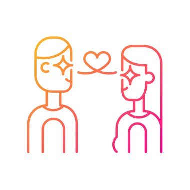 İlk bakışta aşk doğrusal vektör simgesidir. Anında birbirlerine aşık oldular. Karşılıklı romantik duygular. İki kişi ince çizgi renk sembolü. Modern tarz pictogram. Vektör izole çizimi