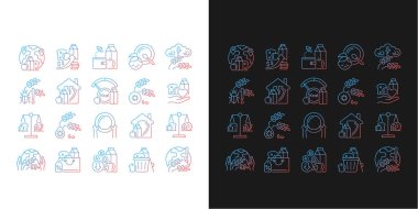 Açlık ve yiyecek güvenliği eğrisi simgeleri karanlık ve aydınlık moduna ayarlandı. Yoksulluk ve açlık. İnce çizgili sembol demetleri. Siyah ve beyaz üzerine izole vektör ana hatları koleksiyonu