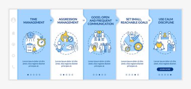 ADHD vektör şablonu için ebeveyn stratejileri. Simgeli ilgili mobil web sitesi. Web sayfasında 5 basamaklı ekranlar. Doğrusal çizimlerle sık sık iletişim rengi kavramı