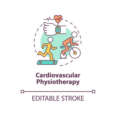 Kardiyovasküler fizyoterapi konsepti ikonu. Rehabilitasyon için fiziksel egzersiz. Fitness soyut fikir ince çizgi çizimi. Vektör izole edilmiş dış hat renk çizimi. Düzenlenebilir vuruş