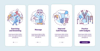 Mobil uygulama sayfası ekranında PT tedavileri. Fiziksel sağlık. Fizyoterapi, kavramlarla birlikte dört adımda grafik talimatlar veriyor. UI, UX, doğrusal renk çizimleri olan GUI vektör şablonu