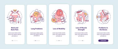 Seyyar uygulama sayfası ekranında tedavi için fiziksel sorunlar. Sağlık hizmetleri, kavramlarla birlikte 5 adımlık grafik talimatları inceliyor. UI, UX, doğrusal renk çizimleri olan GUI vektör şablonu