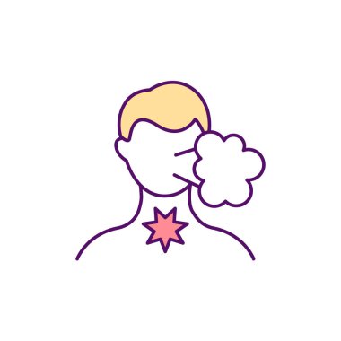 Öksürük şurubu renginde boğaz ağrısı. Bademcik iltihabı belirtileri. Sık boğaz temizleme. Bademcik iltihabı. Nefes almakta zorlanıyorum. İzole vektör çizimi. Basit doldurulmuş çizgi çizimi