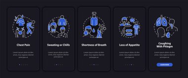 Mobil uygulama sayfasında zatürree teşhisi. Göğüs ağrısı, konseptlerle birlikte beş adımda grafik talimatlar veriyor. UI, UX, doğrusal gece kipi çizimleri ile GUI vektör şablonu