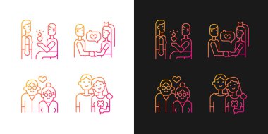 Romantik ilişki eğilimli simgelerin aşamaları karanlık ve aydınlık moda göre ayarlanır. Yaşlı çift. İnce çizgili sembol demetleri. Siyah ve beyaz üzerine izole vektör ana hatları koleksiyonu