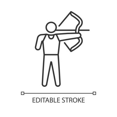 Okçuluk doğrusal simgesi. Pruva atışı. Doğruluk sporu yarışması. Engelli atlet. İnce çizgi özelleştirilebilir illüstrasyon. Contour sembolü. Vektör izole çizim. Düzenlenebilir vuruş