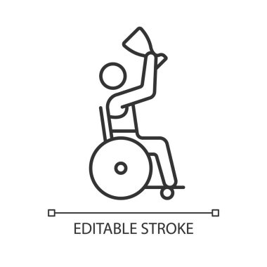 Maluliyet çizgisel ikonu olan yarışma galibi. Atletin elinde ödül kupası var. Engelli sporcular. İnce çizgi özelleştirilebilir illüstrasyon. Contour sembolü. Vektör izole çizim. Düzenlenebilir vuruş