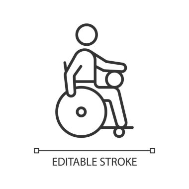 Tekerlekli sandalye rugby lineer simgesi. Oturan sporcular için rekabetçi bir spor. Engelli sporcular. İnce çizgi özelleştirilebilir illüstrasyon. Contour sembolü. Vektör izole çizim. Düzenlenebilir vuruş