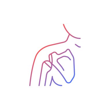 Eklem yerinden çıkan doğrusal vektör simgesi. Omzu çıkmış. Kas zayıflıyor. Üst kol kemiği travması. İnce çizgi renk sembolü. Modern tarz pictogram. Vektör izole çizimi