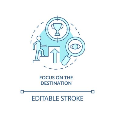Hedef mavi konsept ikonuna odaklan. Hedefe ulaşma fikri soyut ince çizgi çizimi. Başarıya giden yol. Mutluluk zihniyeti. Vektör izole edilmiş dış hat renk çizimi. Düzenlenebilir vuruş