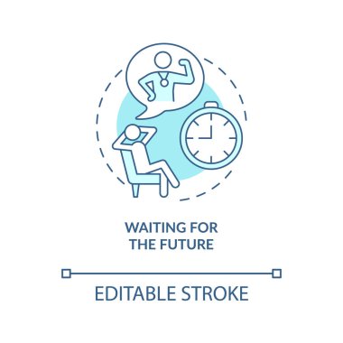 Gelecekteki mavi konsept ikonu bekleniyor. Mutsuz zihniyet soyut fikir ince çizgi çizimi. Hayatı değiştirmek için yarını bekle. Mutluluk engeli. Vektör izole edilmiş dış hat renk çizimi. Düzenlenebilir vuruş