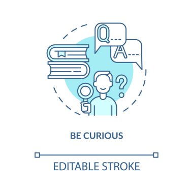 Meraklı mavi konsept ikonu ol. Soyut fikir ince çizgi illüstrasyonunu öğren ve keşfet. Mutluluk zihniyeti stratejisi. Kişisel gelişim ve başarı. Vektör izole edilmiş dış hat renk çizimi. Düzenlenebilir vuruş