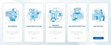 Mutluluk zihniyeti stratejileri mobil uygulama sayfası ekranında mavi. Hedef belirleme, kavramlarla birlikte 5 aşamalı grafik talimatlar. UI, UX, doğrusal renk çizimleri olan GUI vektör şablonu