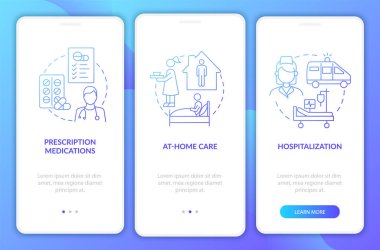 Mobil uygulama ekranında zatürree yönetiyorum. İlaçlar ve hastaneye yatırma 3 aşamalı grafik talimatlar ve kavramlar. UI, UX, doğrusal renk çizimleri olan GUI vektör şablonu