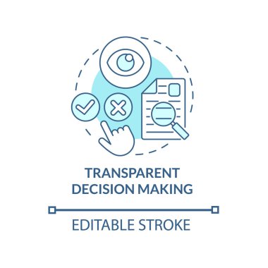 Karar verme ikonunda şeffaflık. Hükümetin şeffaflığı soyut fikir ince çizgi çizimi. Siyasi güvenilirlik sorunu. Vektör izole edilmiş dış hat renk çizimi. Düzenlenebilir vuruş