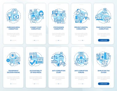 Mobil mavi uygulama ekranında bozulma var. Yozlaşma faaliyetleri kavramlarla birlikte 5 aşamalı grafik talimatları gözden geçirir. UI, UX, doğrusal renk çizimleri olan GUI vektör şablonu