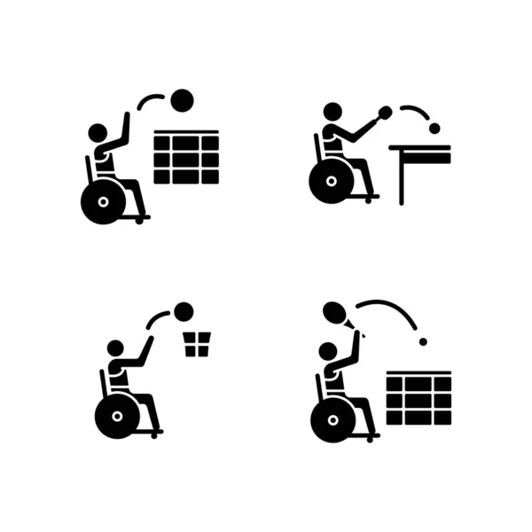 Адаптивний Інвалідний Візок Спортивні Чорні Гліфи Значки Встановлені Білому Просторі — стоковий вектор