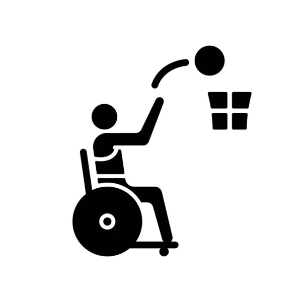 Rolstoel Basketbal Zwart Glyph Pictogram Competitieve Balsport Adaptieve Basketbalwedstrijd Rolstoelsporter — Stockvector