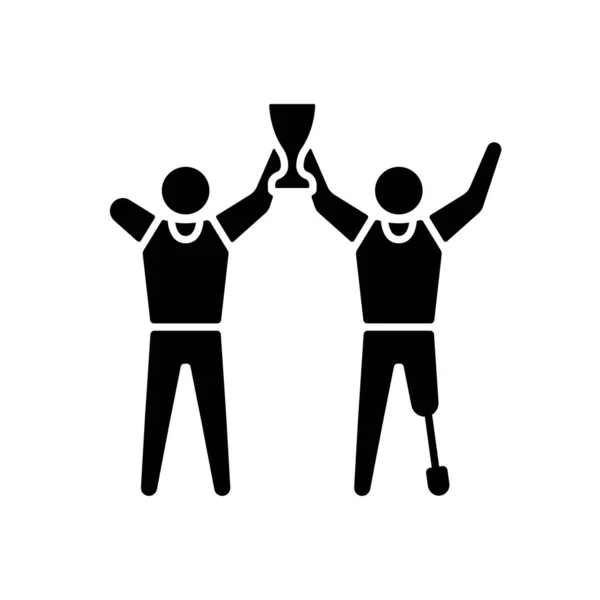 身体障害者スポーツマン ブラック グリフ アイコン 適応型スポーツ競技の勝者 賞を持つ選手 障害のあるアスリート 白い空間にシルエットのシンボル ベクトル分離図 — ストックベクタ