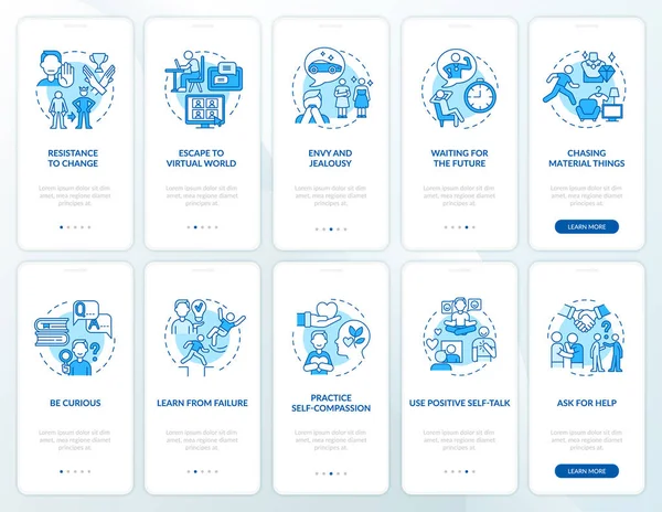 Happiness Thinkset Blue Boarding Mobile App Page Screen Set 장애물 — 스톡 벡터