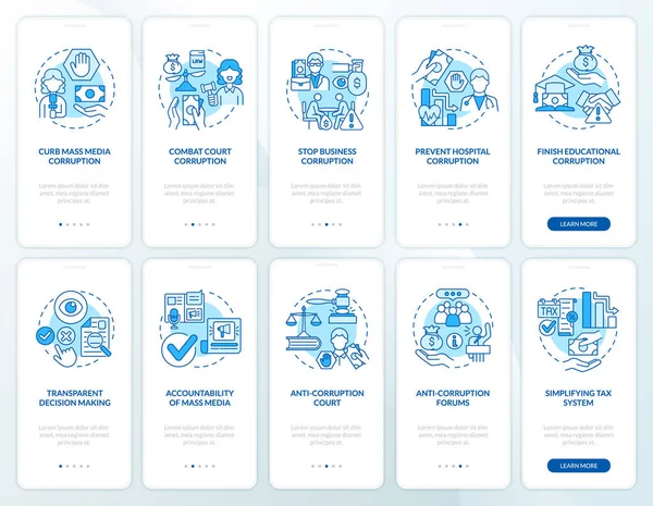 Corruption Onboarding Mobile Blue App Page Screen Corruption Activities Walkthrough — Stock Vector