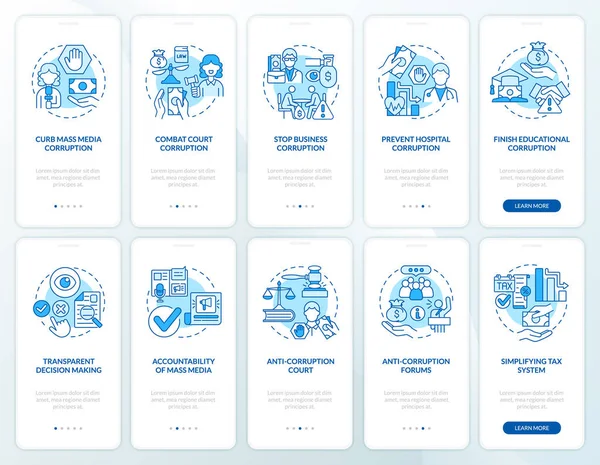 Mobil mavi uygulama ekranında bozulma var. Yozlaşma faaliyetleri kavramlarla birlikte 5 aşamalı grafik talimatları gözden geçirir. UI, UX, doğrusal renk çizimleri olan GUI vektör şablonu