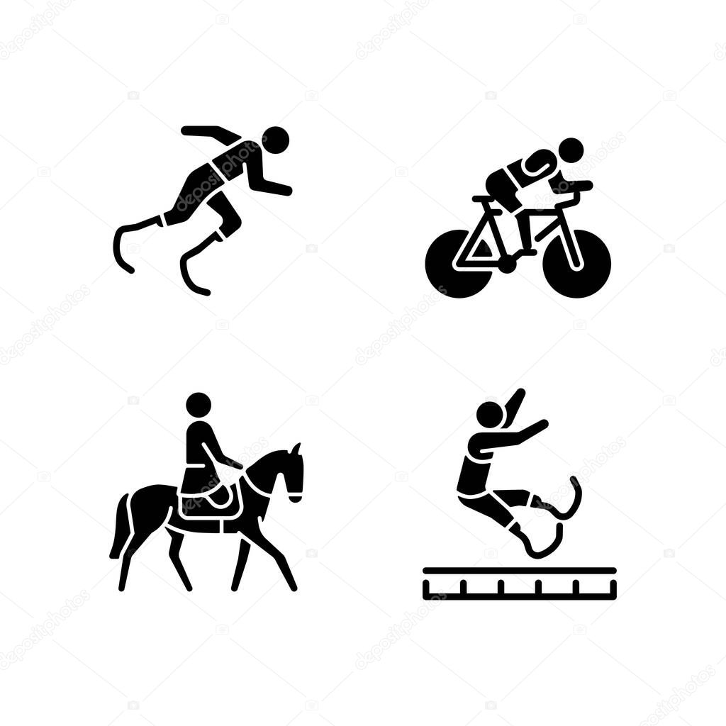 Adaptive sports black glyph icons set on white space. Equestrian and athletic sports. Sportsman with prosthesis. Unique skills demonstration. Silhouette symbols. Vector isolated illustration