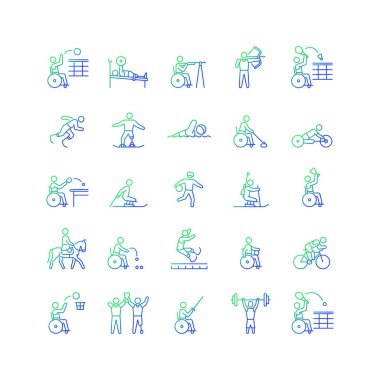 Spor yarışması gradyan doğrusal vektör simgeleri ayarlandı. Profesyonel yarışma. Özürlü sporcular. İnce çizgili sembol demetleri. İzole edilmiş taslak illüstrasyon koleksiyonu