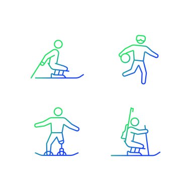 Kış mevsimi atletizm gradyan doğrusal vektör simgeleri ayarlandı. Uyumlu rekabetçi disiplinler. Özürlü bir sporcu. İnce çizgili sembol demetleri. İzole edilmiş taslak illüstrasyon koleksiyonu